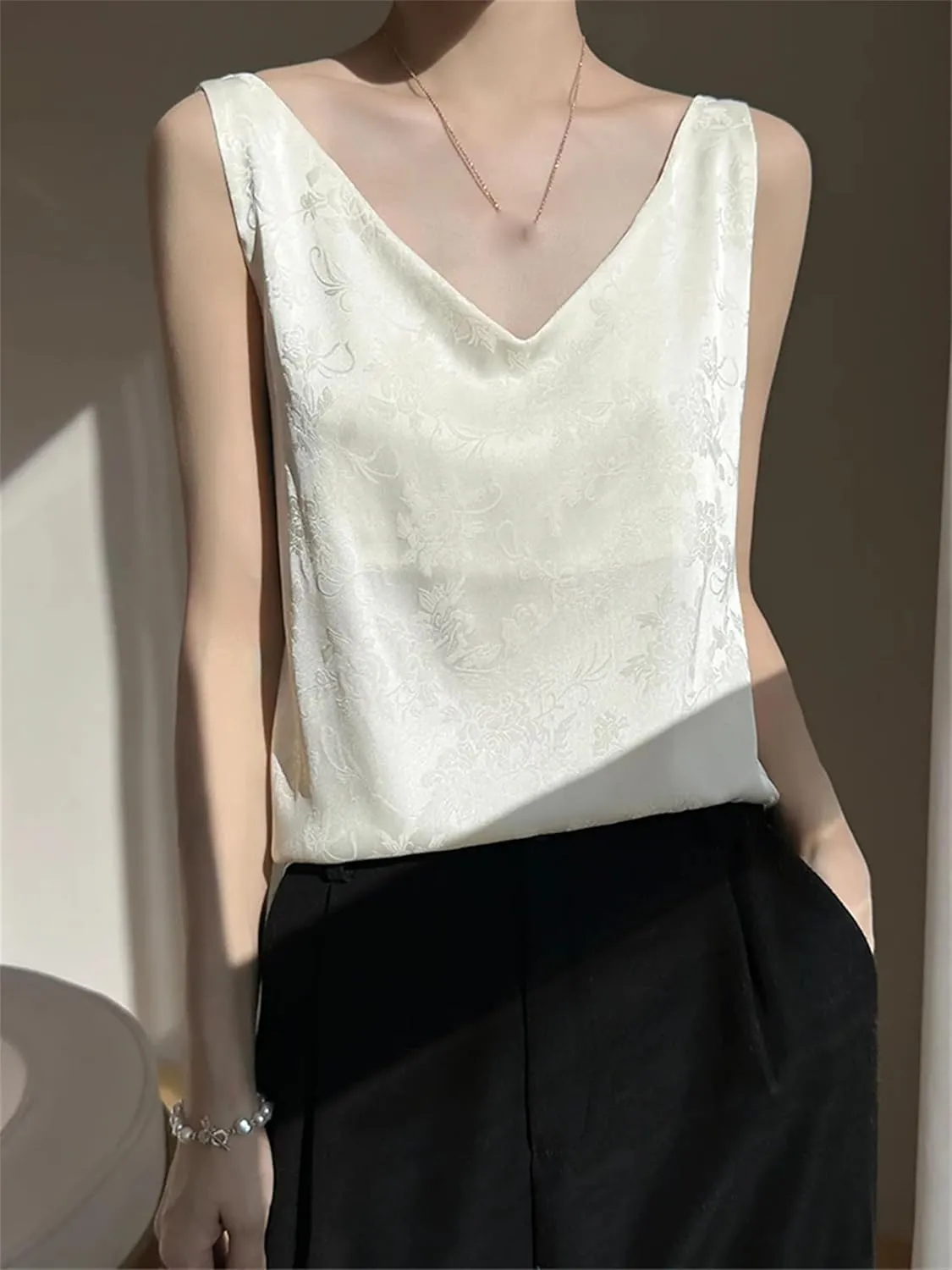 Women's Satin Jacquard Tank Top & Camisole - Summer Lightweight V-Neck Sleeveless Blouse Breathable Loose Fit Smooth Lounge