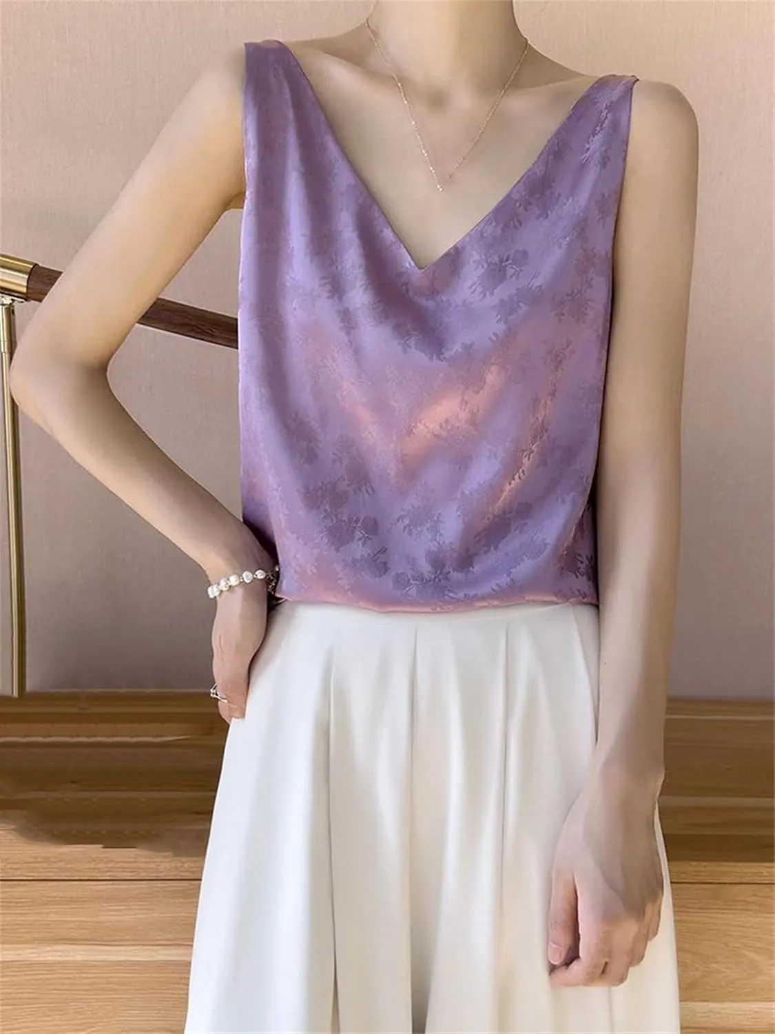 Women's Satin Jacquard Tank Top & Camisole - Summer Lightweight V-Neck Sleeveless Blouse Breathable Loose Fit Smooth Lounge