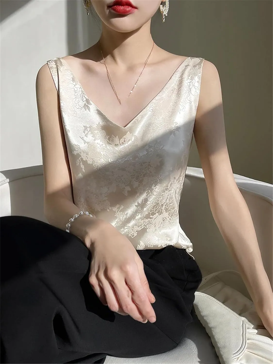 Women's Satin Jacquard Tank Top & Camisole - Summer Lightweight V-Neck Sleeveless Blouse Breathable Loose Fit Smooth Lounge