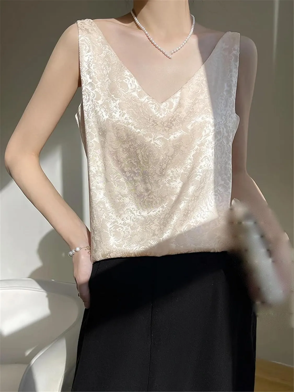 Women's Satin Jacquard Tank Top & Camisole - Summer Lightweight V-Neck Sleeveless Blouse Breathable Loose Fit Smooth Lounge