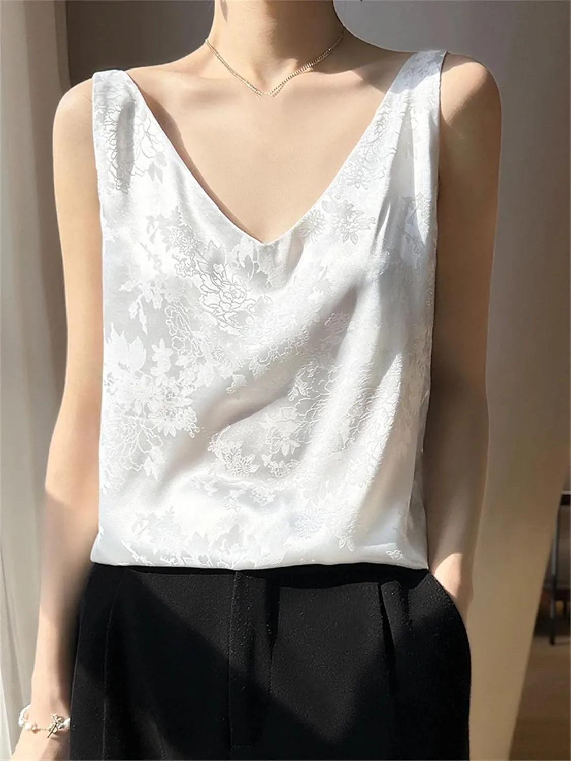 Women's Satin Jacquard Tank Top & Camisole - Summer Lightweight V-Neck Sleeveless Blouse Breathable Loose Fit Smooth Lounge