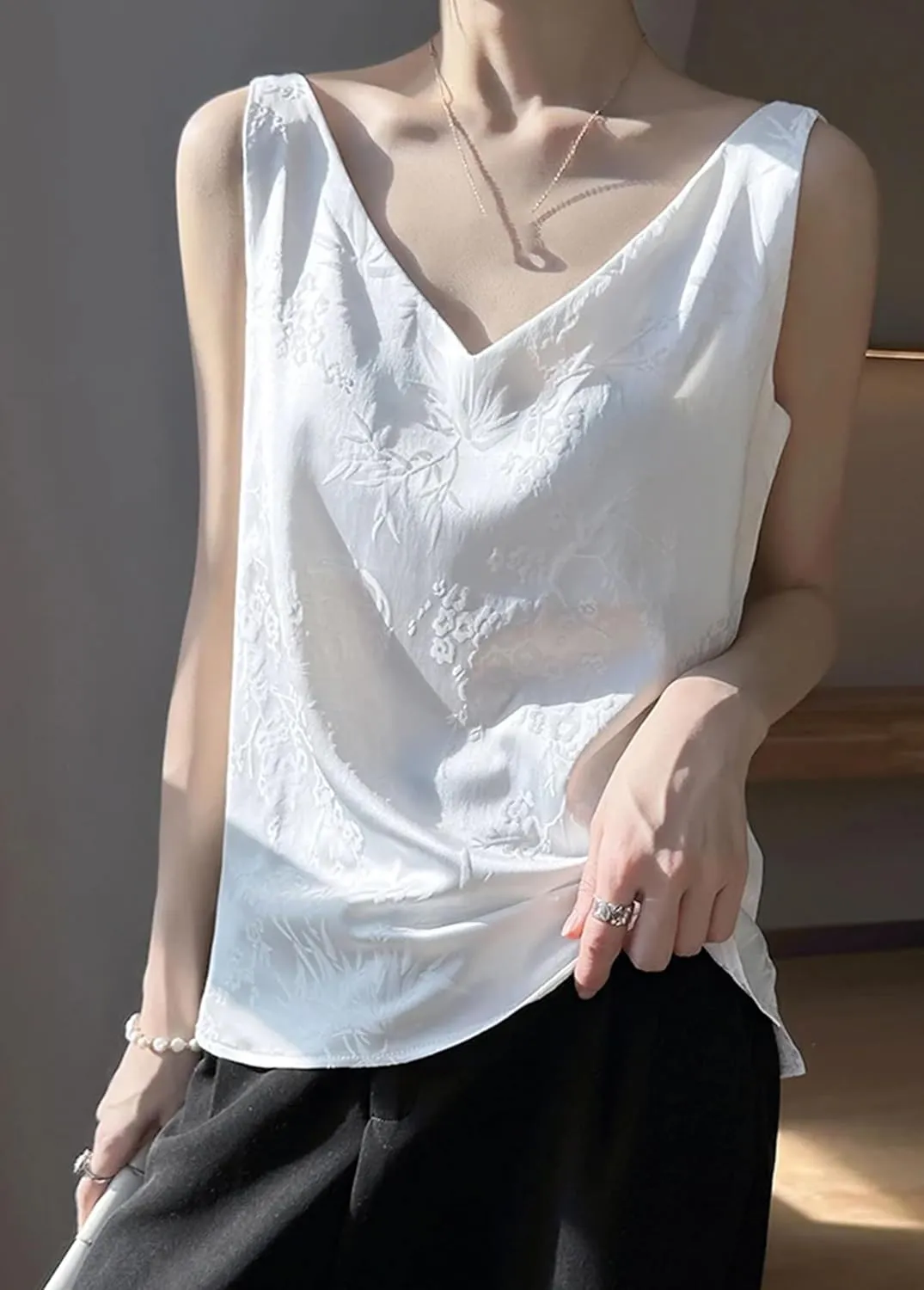 Women's Satin Jacquard Tank Top & Camisole - Summer Lightweight V-Neck Sleeveless Blouse Breathable Loose Fit Smooth Lounge