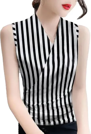 Women's Satin Tank Top & Camisole Summer Wrap V-Neck Sleeveless Striped Vest Office Work Blouse Casual Loose Fit Lounge Wear