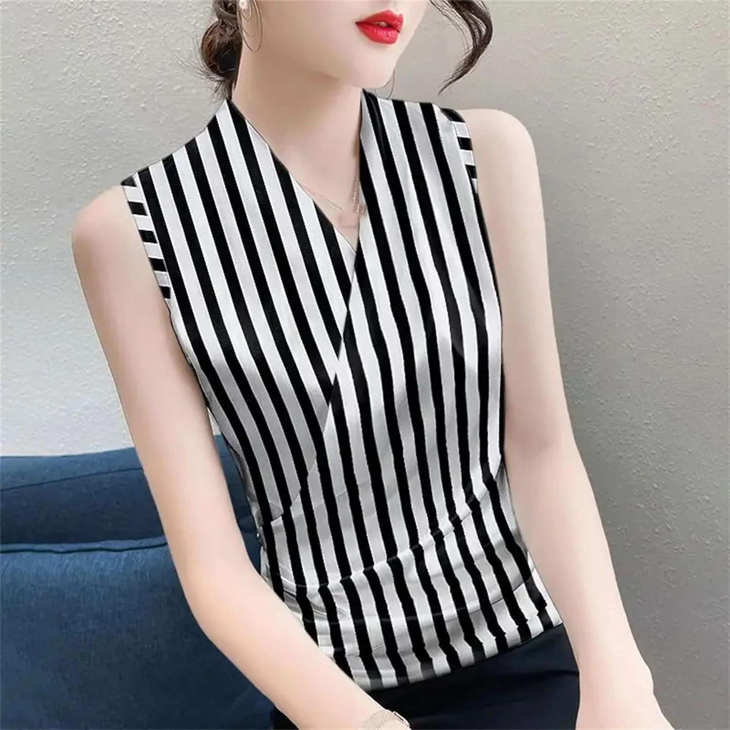 Women's Satin Tank Top & Camisole Summer Wrap V-Neck Sleeveless Striped Vest Office Work Blouse Casual Loose Fit Lounge Wear