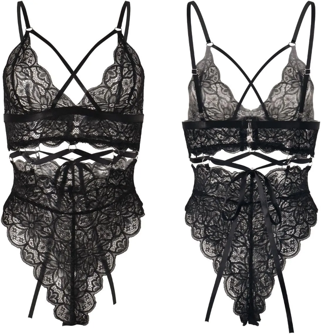 Women’s Sexy Floral Lace Lingerie Set,Criss Cross Cutout Bra and Panty 2 Piece Outfit Spaghetti Straps Underwear