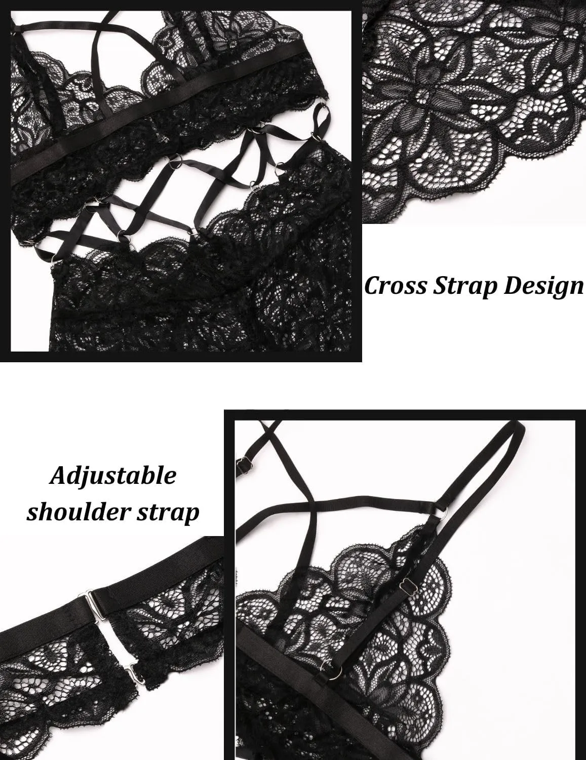 Women’s Sexy Floral Lace Lingerie Set,Criss Cross Cutout Bra and Panty 2 Piece Outfit Spaghetti Straps Underwear