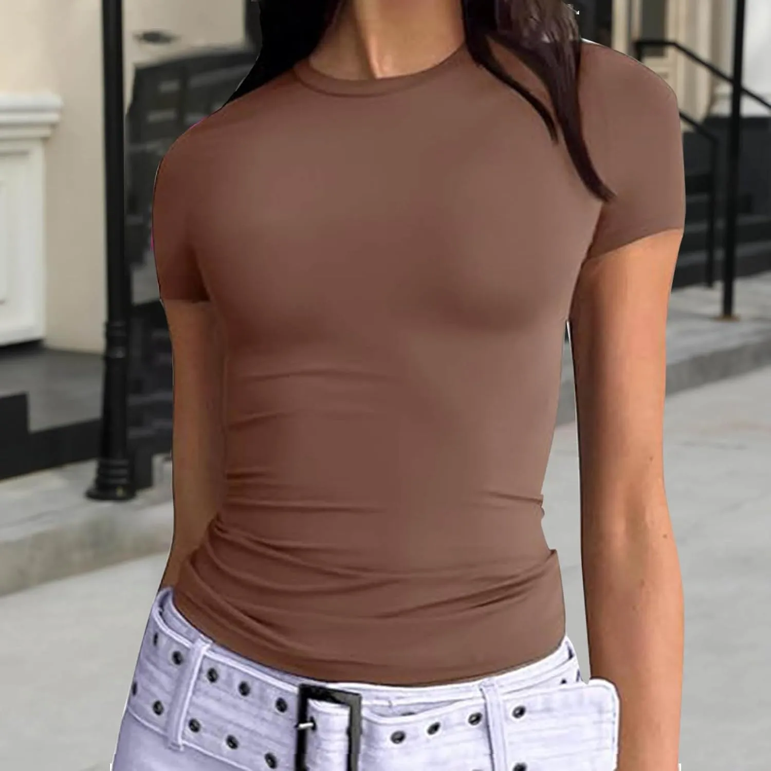 Womens Short Sleeve Shirts Crewneck Solid Color Slim Fitted T-Shirt Summer Basic Tee 2025 Tops