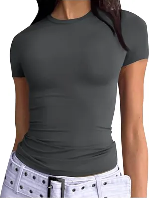 Womens Short Sleeve Shirts Crewneck Solid Color Slim Fitted T-Shirt Summer Basic Tee 2025 Tops