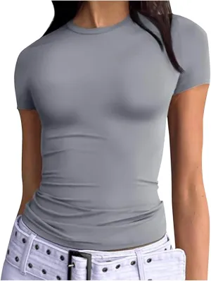 Womens Short Sleeve Shirts Crewneck Solid Color Slim Fitted T-Shirt Summer Basic Tee 2025 Tops