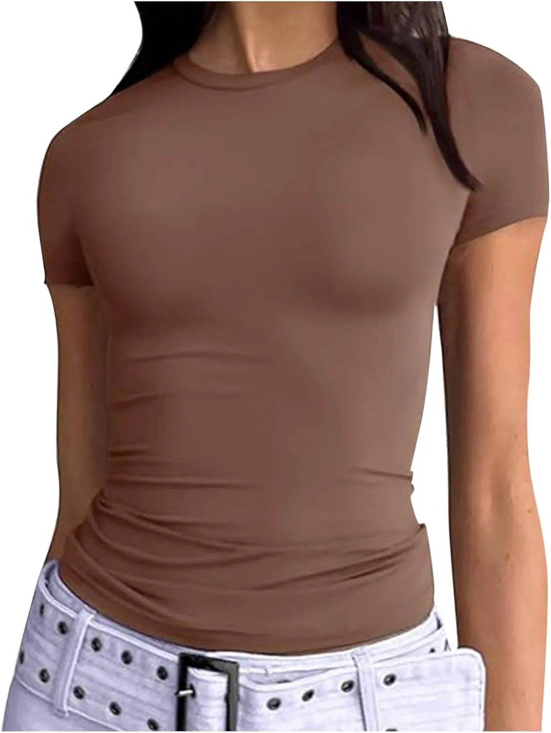 Womens Short Sleeve Shirts Crewneck Solid Color Slim Fitted T-Shirt Summer Basic Tee 2025 Tops