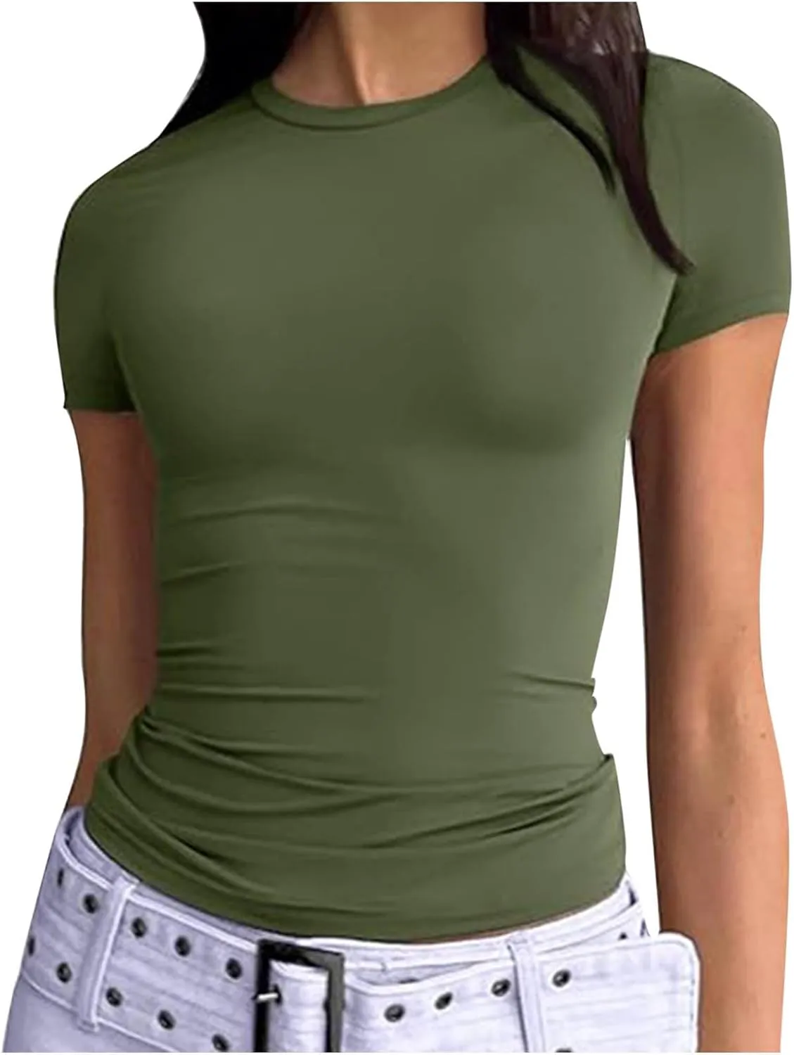 Womens Short Sleeve Shirts Crewneck Solid Color Slim Fitted T-Shirt Summer Basic Tee 2025 Tops