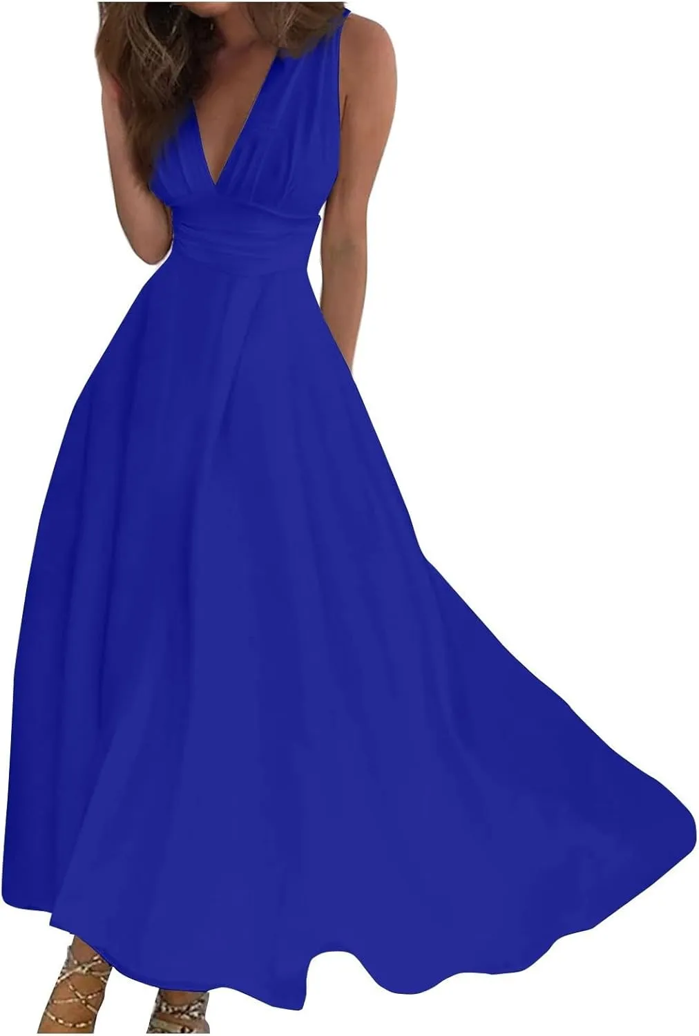 Women's Sleeveless Deep V Neck Floral Print Maxi Dresses Pleated High Waist Party Evening Long Dress