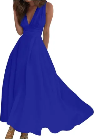 Women's Sleeveless Deep V Neck Floral Print Maxi Dresses Pleated High Waist Party Evening Long Dress