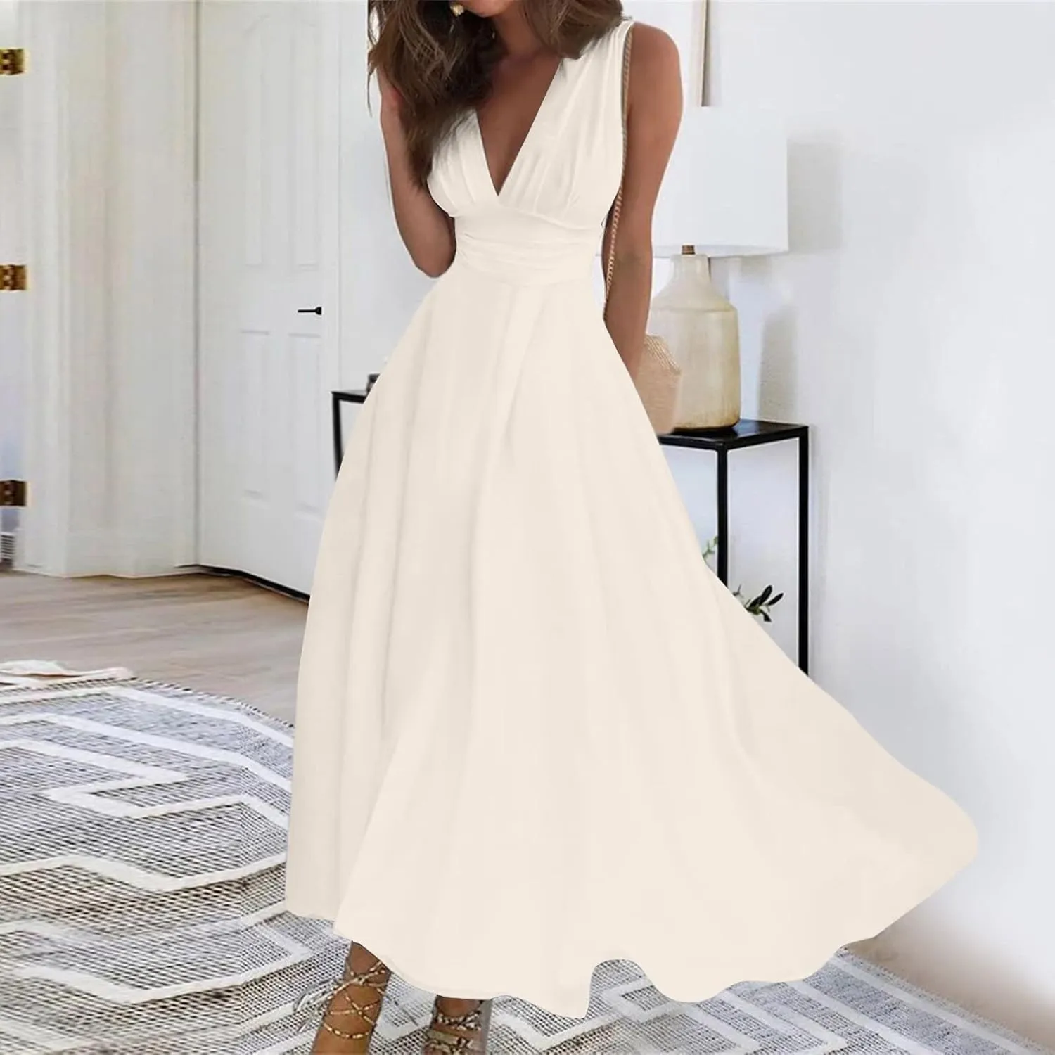 Women's Sleeveless Deep V Neck Floral Print Maxi Dresses Pleated High Waist Party Evening Long Dress