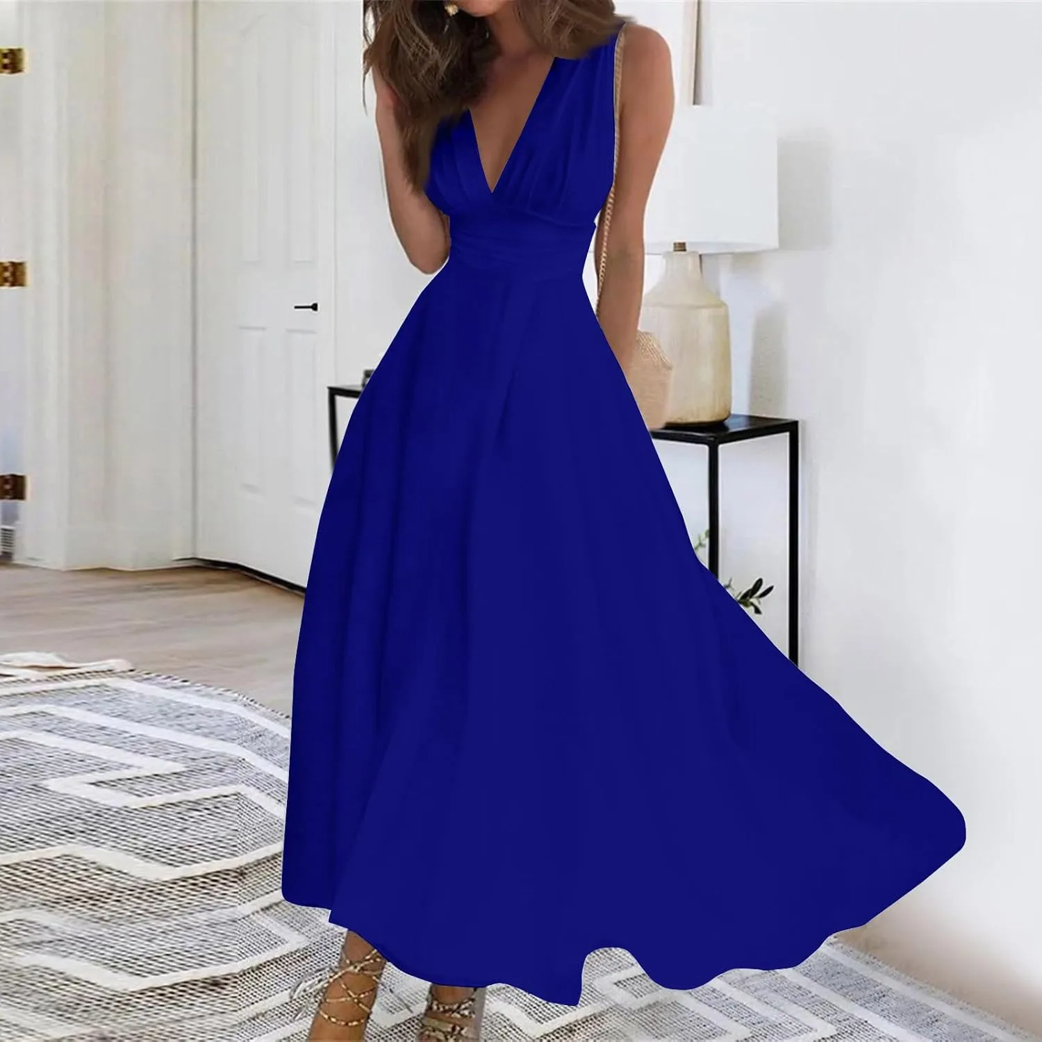 Women's Sleeveless Deep V Neck Floral Print Maxi Dresses Pleated High Waist Party Evening Long Dress