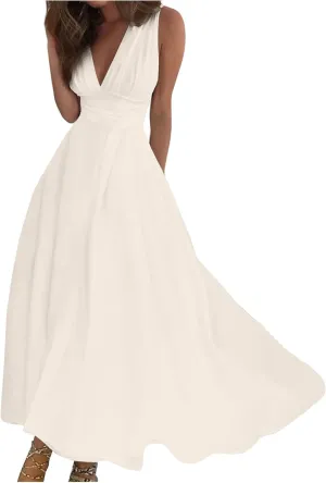 Women's Sleeveless Deep V Neck Floral Print Maxi Dresses Pleated High Waist Party Evening Long Dress