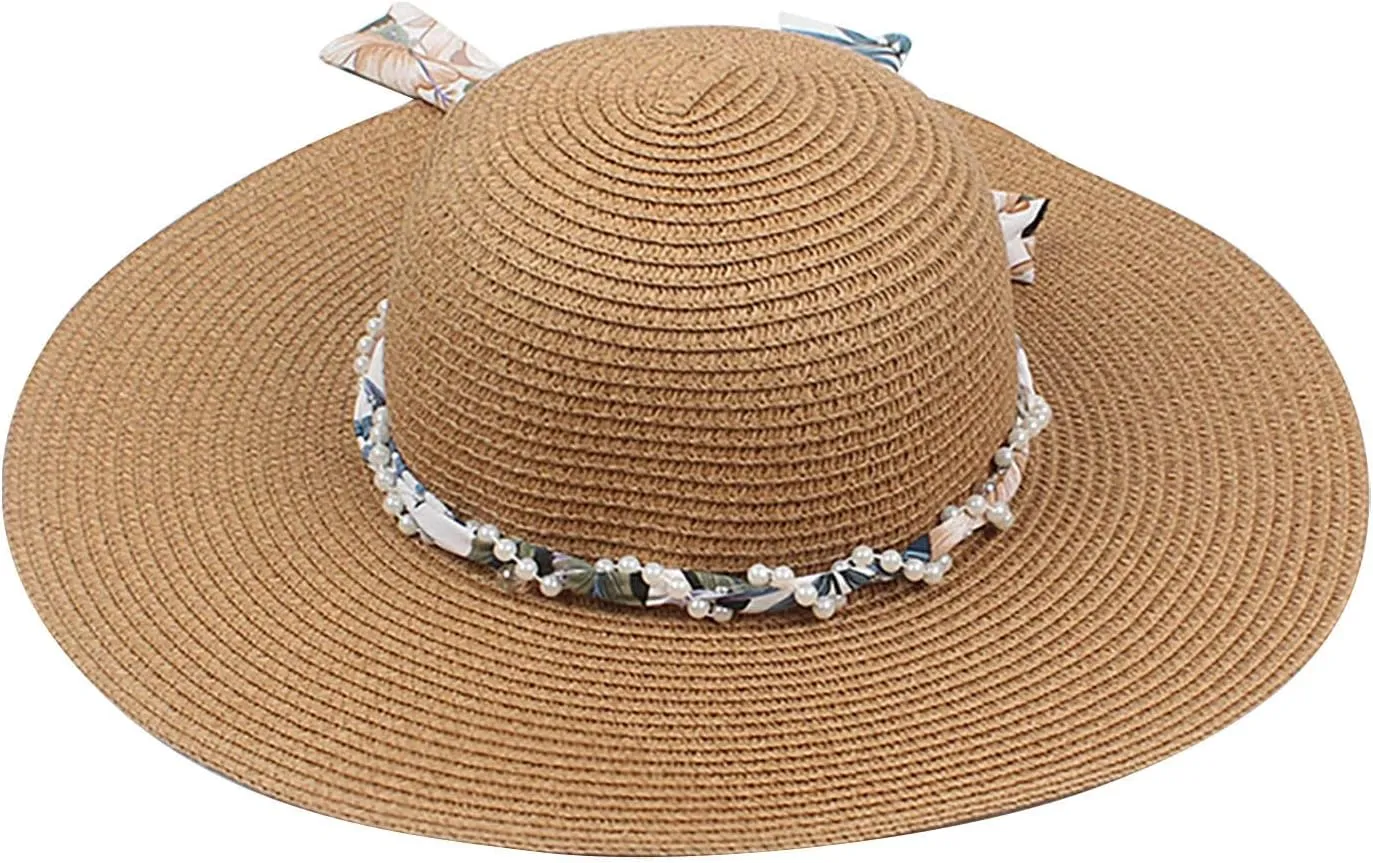 Women's Straw Derby Sun Hat Vintage Pearl Band Fedora Hat Wide Brim Trilby Panama Hat Travel Wedding Bucket Hats