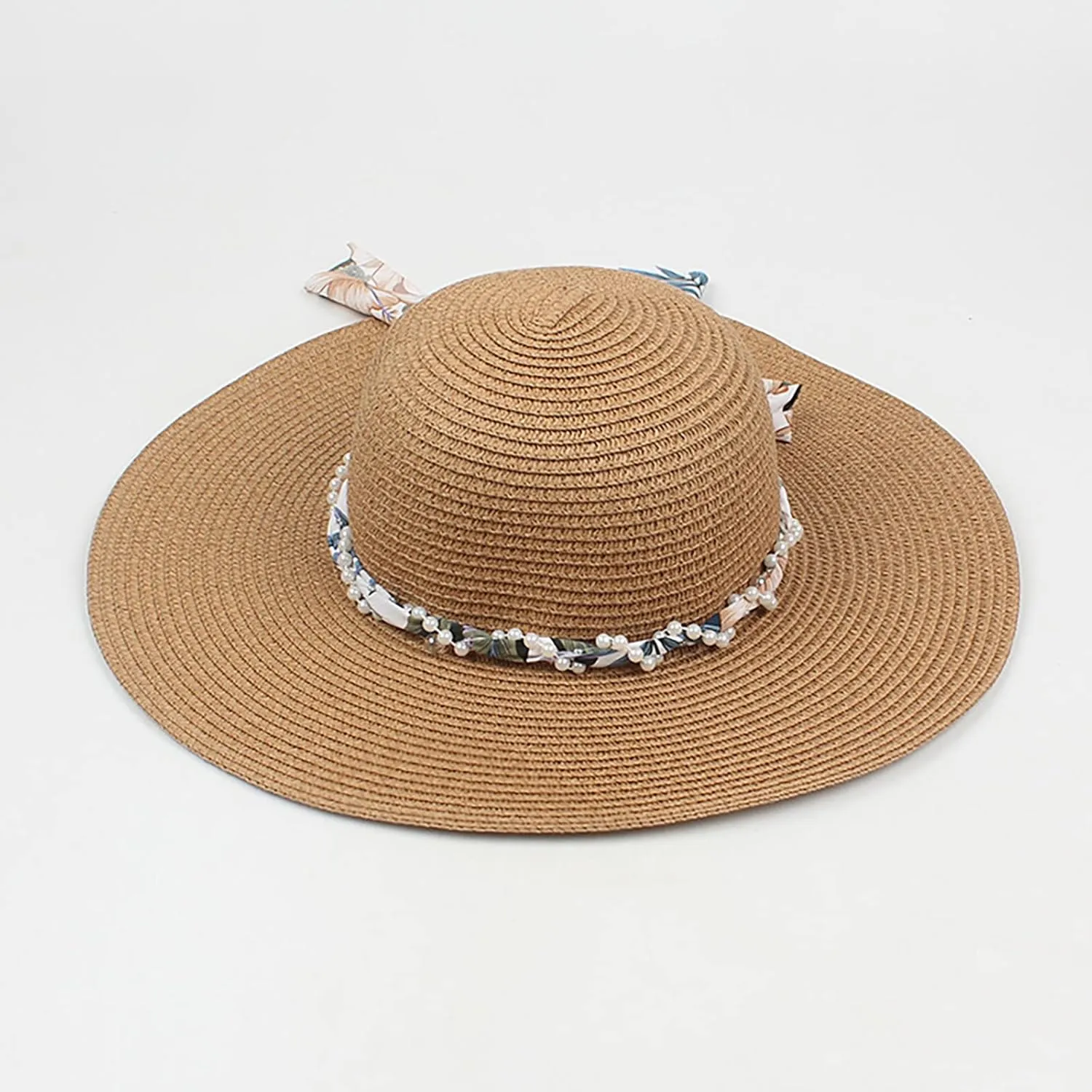 Women's Straw Derby Sun Hat Vintage Pearl Band Fedora Hat Wide Brim Trilby Panama Hat Travel Wedding Bucket Hats