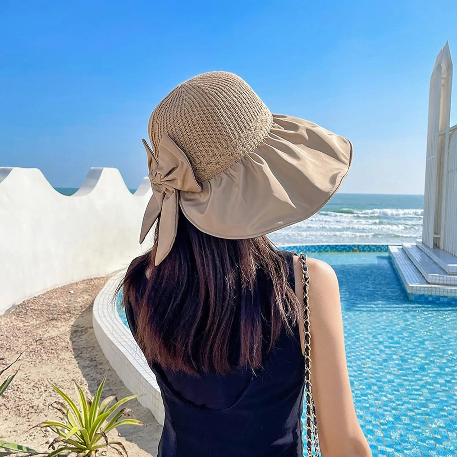 Womens Straw Wide Brim Sun Hats Outdoor Casual Bow Solid Colors Beach Hat Summer Travel Vacation Visor Hat