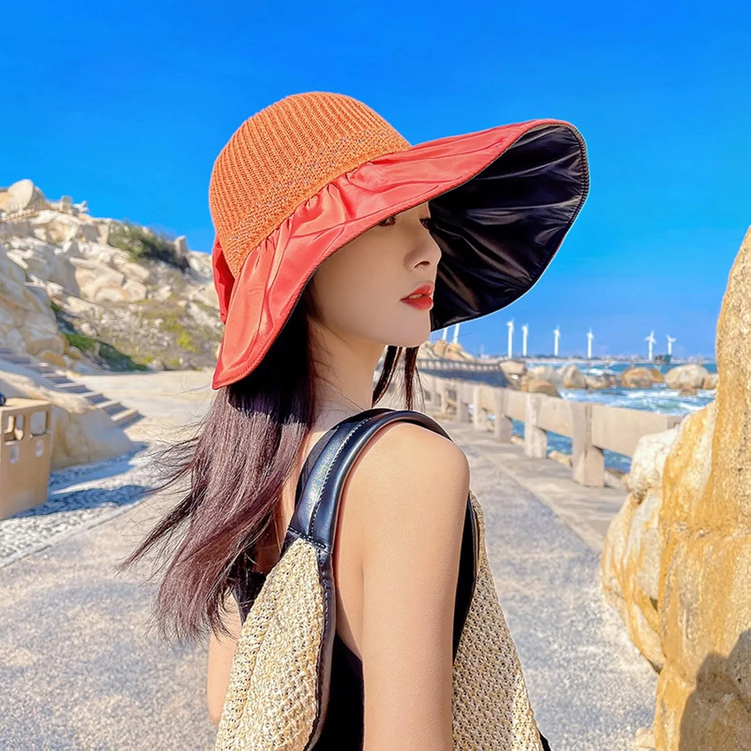 Womens Straw Wide Brim Sun Hats Outdoor Casual Bow Solid Colors Beach Hat Summer Travel Vacation Visor Hat