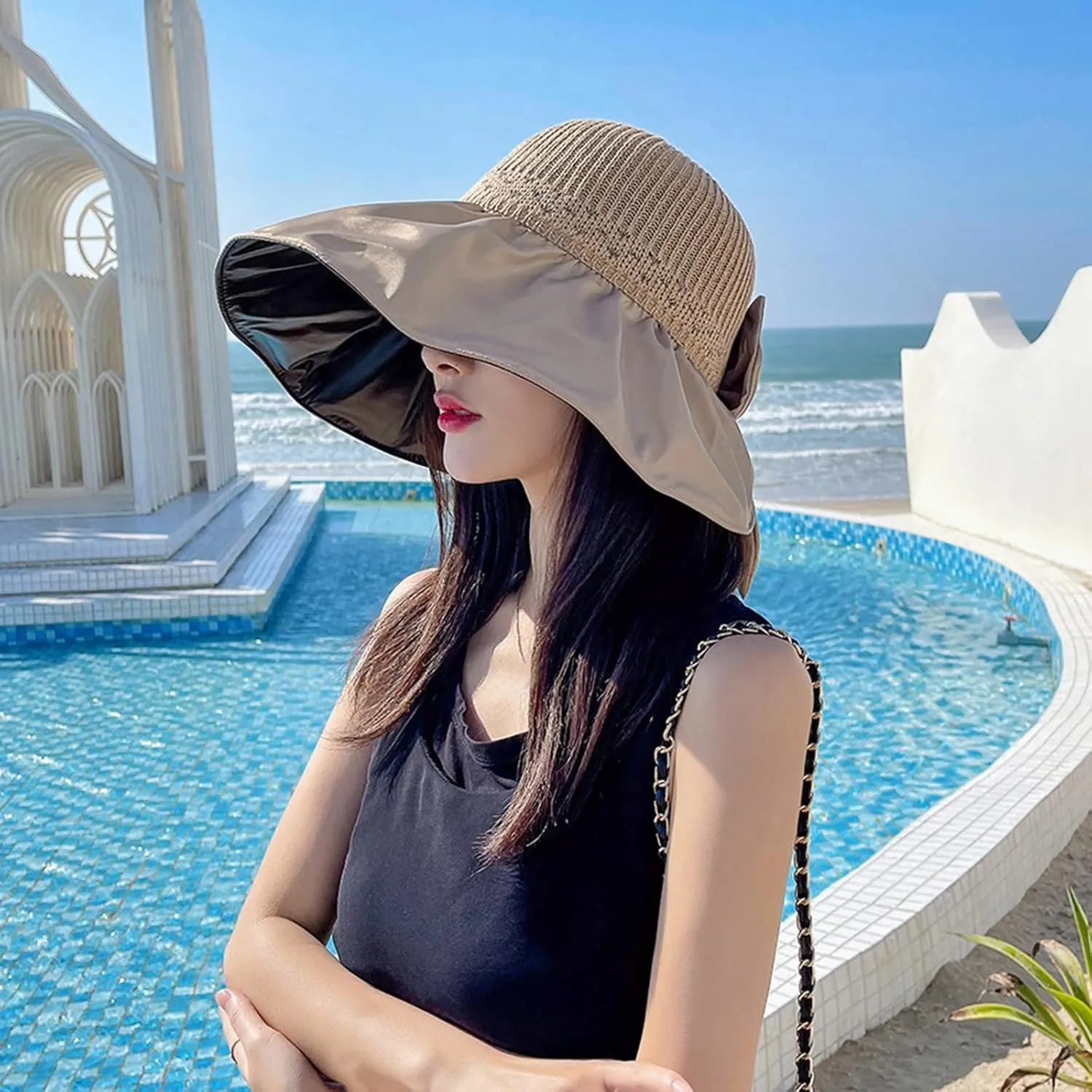 Womens Straw Wide Brim Sun Hats Outdoor Casual Bow Solid Colors Beach Hat Summer Travel Vacation Visor Hat