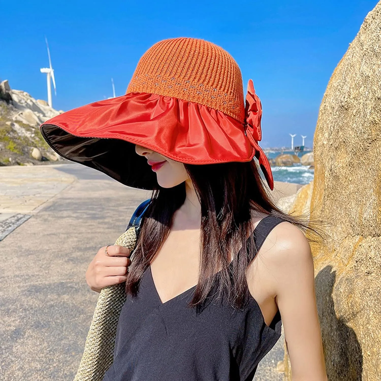 Womens Straw Wide Brim Sun Hats Outdoor Casual Bow Solid Colors Beach Hat Summer Travel Vacation Visor Hat