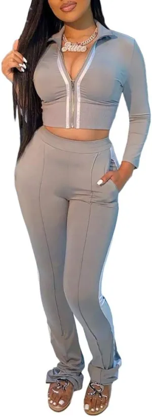 Womens Striped Two Piece Outfit Tracksuits Casual Zip Up Jackets   Bodycon Long Pants Set Sweatsuits