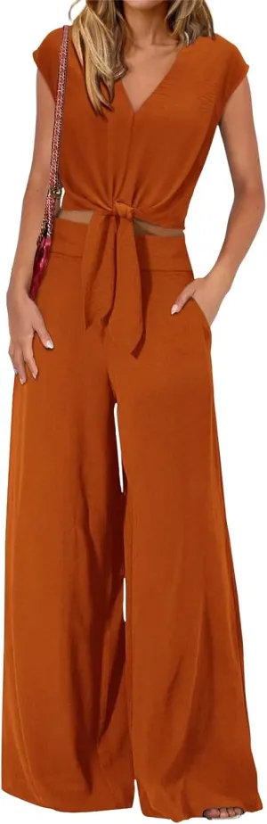 Women's Summer 2 Piece Outfits Cap Sleeve V Neck Belted Crop Tops Wide Leg Pant Sets Travel Vacation Outfits Tracksuit