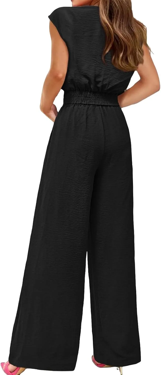 Women's Summer 2 Piece Outfits Cap Sleeve V Neck Belted Crop Tops Wide Leg Pant Sets Travel Vacation Outfits Tracksuit