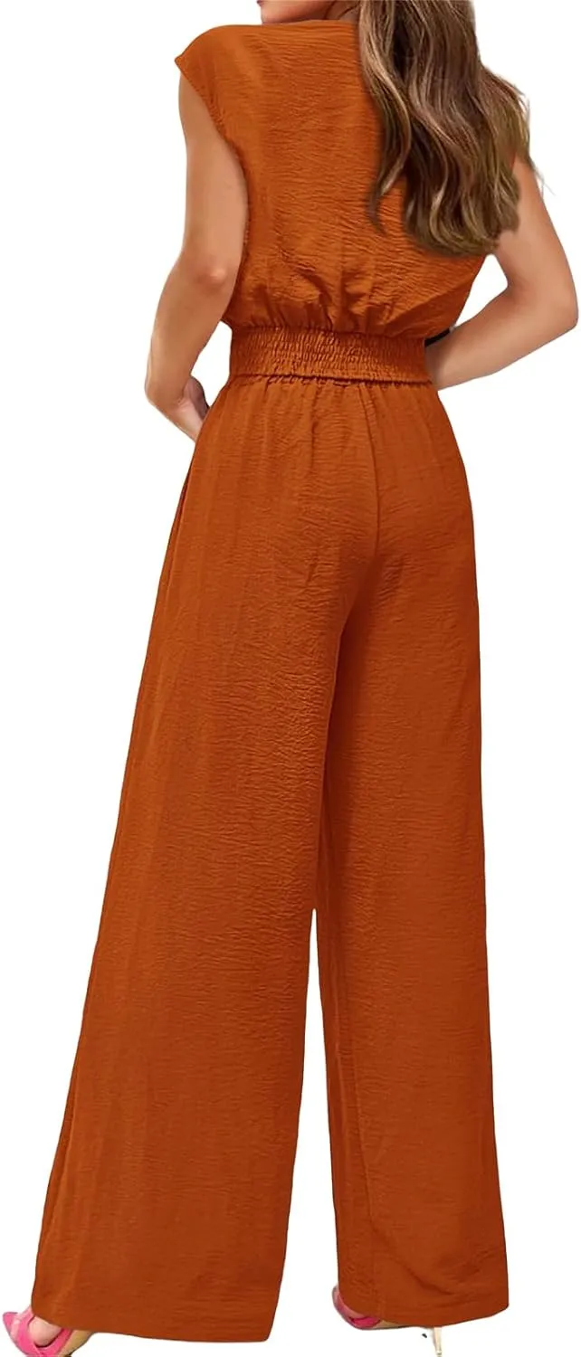Women's Summer 2 Piece Outfits Cap Sleeve V Neck Belted Crop Tops Wide Leg Pant Sets Travel Vacation Outfits Tracksuit