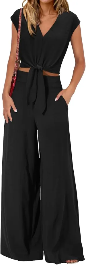 Women's Summer 2 Piece Outfits Cap Sleeve V Neck Belted Crop Tops Wide Leg Pant Sets Travel Vacation Outfits Tracksuit