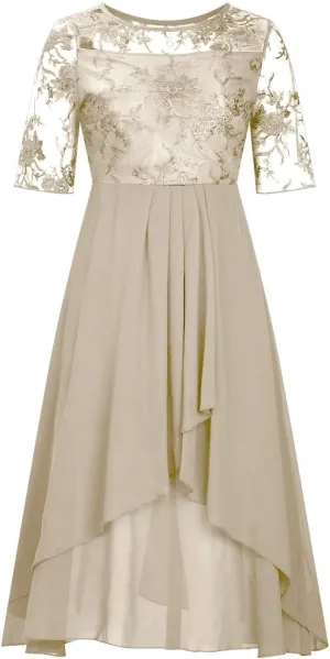 Women's Summer Chiffon Lace Maxi Dresses Half Sleeve Mesh Flowy Formal Evening Wedding Guest Party Dress