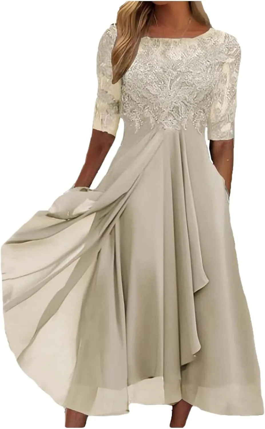 Women's Summer Chiffon Lace Maxi Dresses Half Sleeve Mesh Flowy Formal Evening Wedding Guest Party Dress