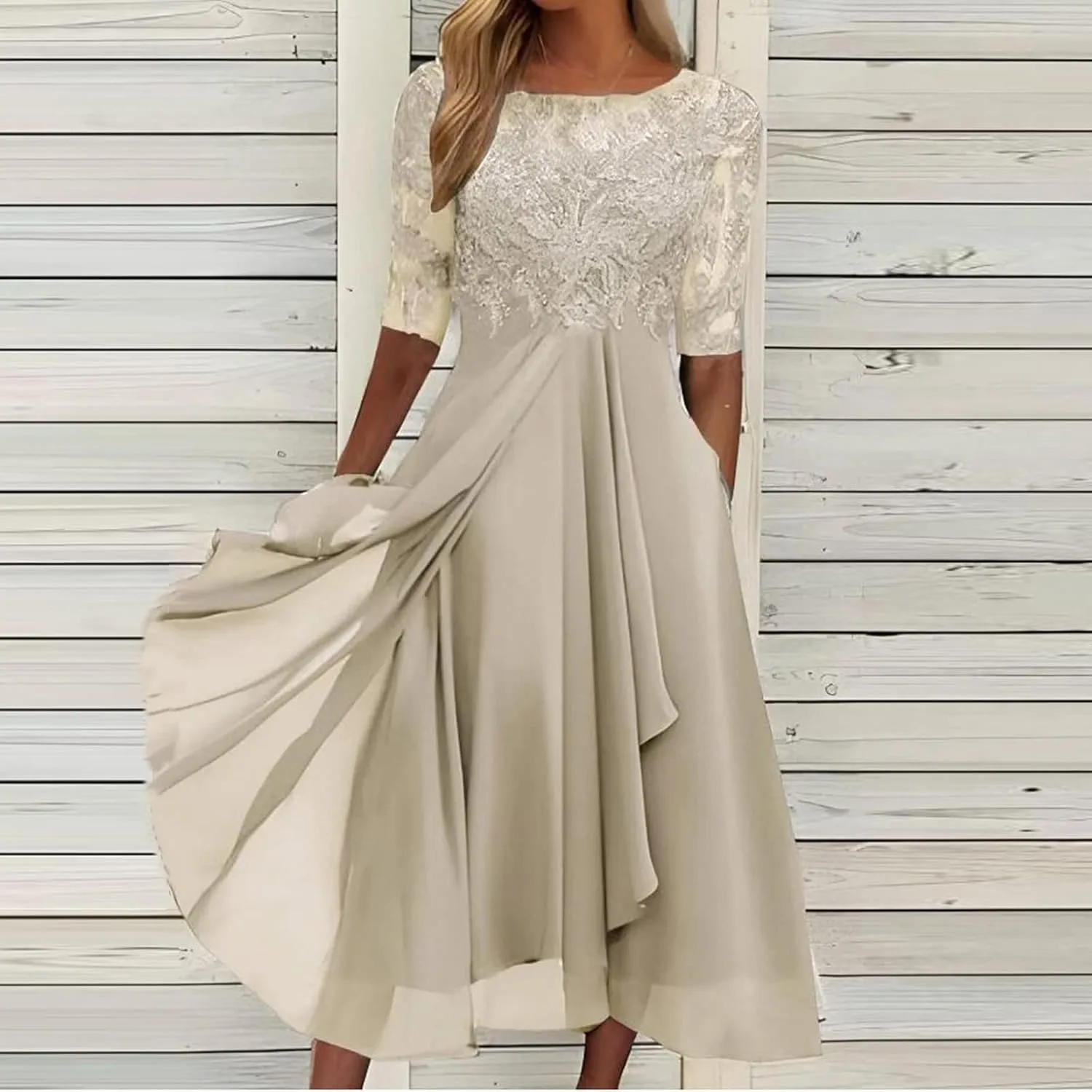 Women's Summer Chiffon Lace Maxi Dresses Half Sleeve Mesh Flowy Formal Evening Wedding Guest Party Dress