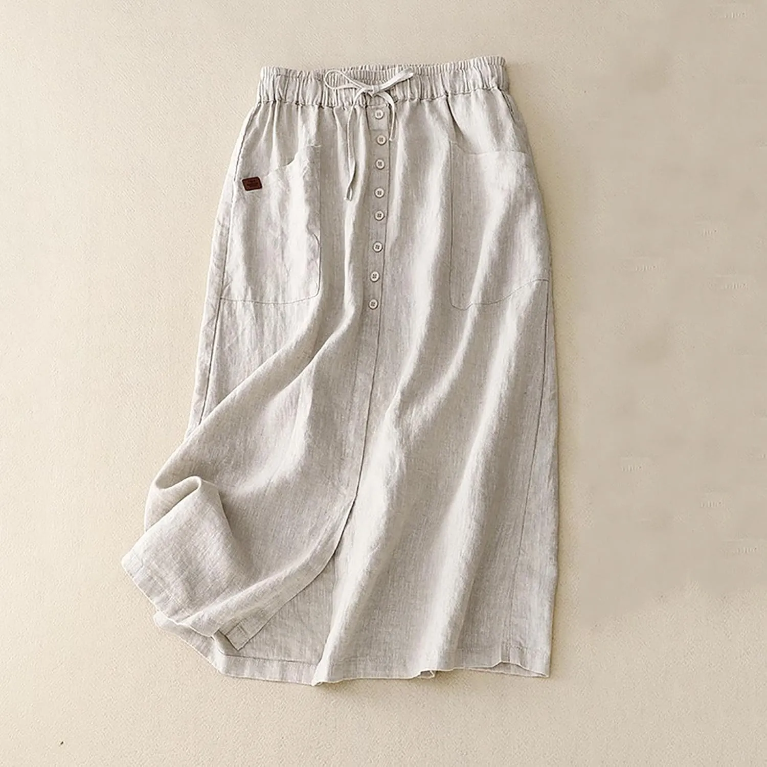Womens Summer Cotton Linen Midi Skirt Fashion Front Split Elastic Waist Long Skirts with Pockets
