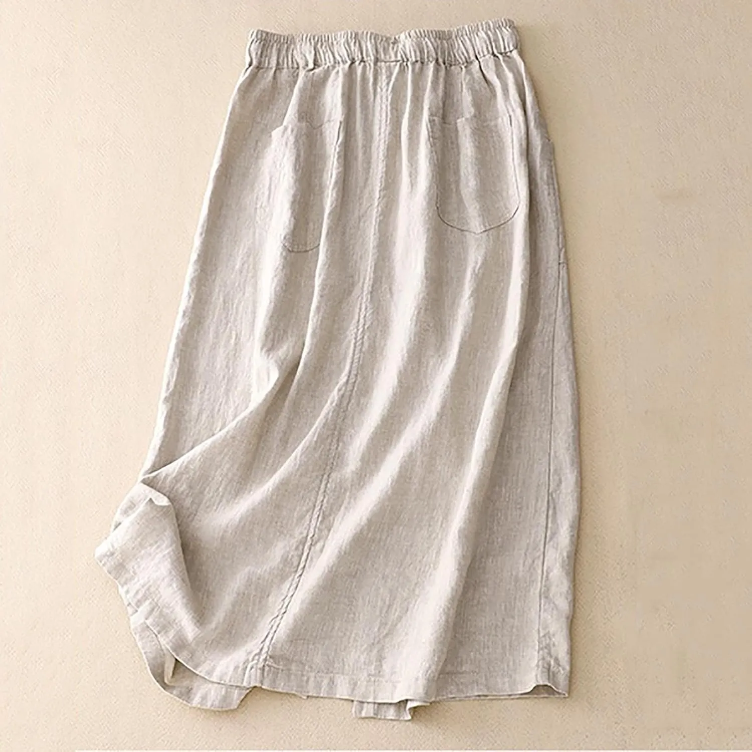 Womens Summer Cotton Linen Midi Skirt Fashion Front Split Elastic Waist Long Skirts with Pockets