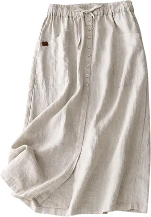 Womens Summer Cotton Linen Midi Skirt Fashion Front Split Elastic Waist Long Skirts with Pockets