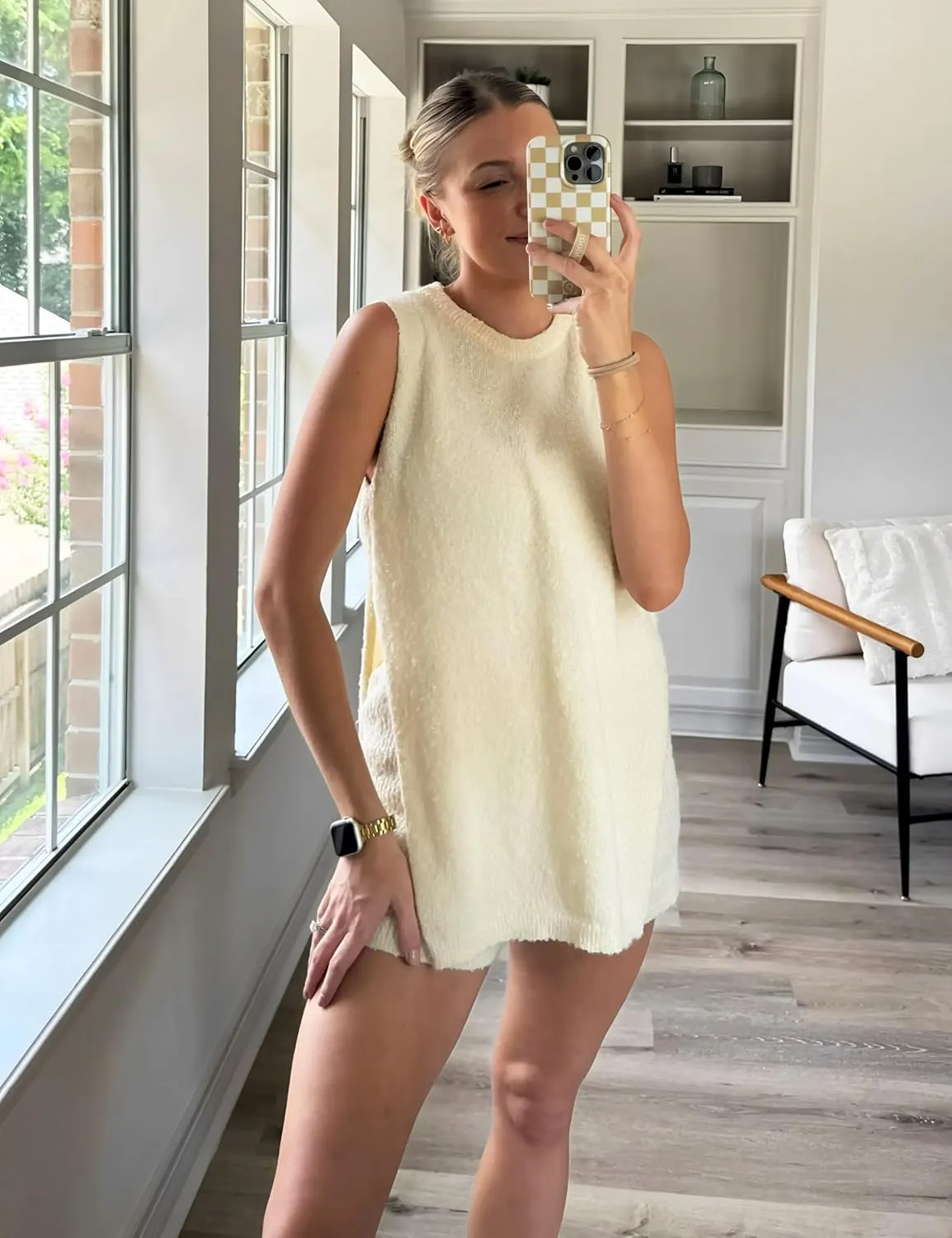 Women's Summer Sweater Sets Sleeveless Knit Tunic Top Matching Shorts Beach Vacation 2 Piece Outfits