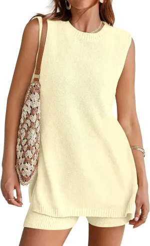 Women's Summer Sweater Sets Sleeveless Knit Tunic Top Matching Shorts Beach Vacation 2 Piece Outfits