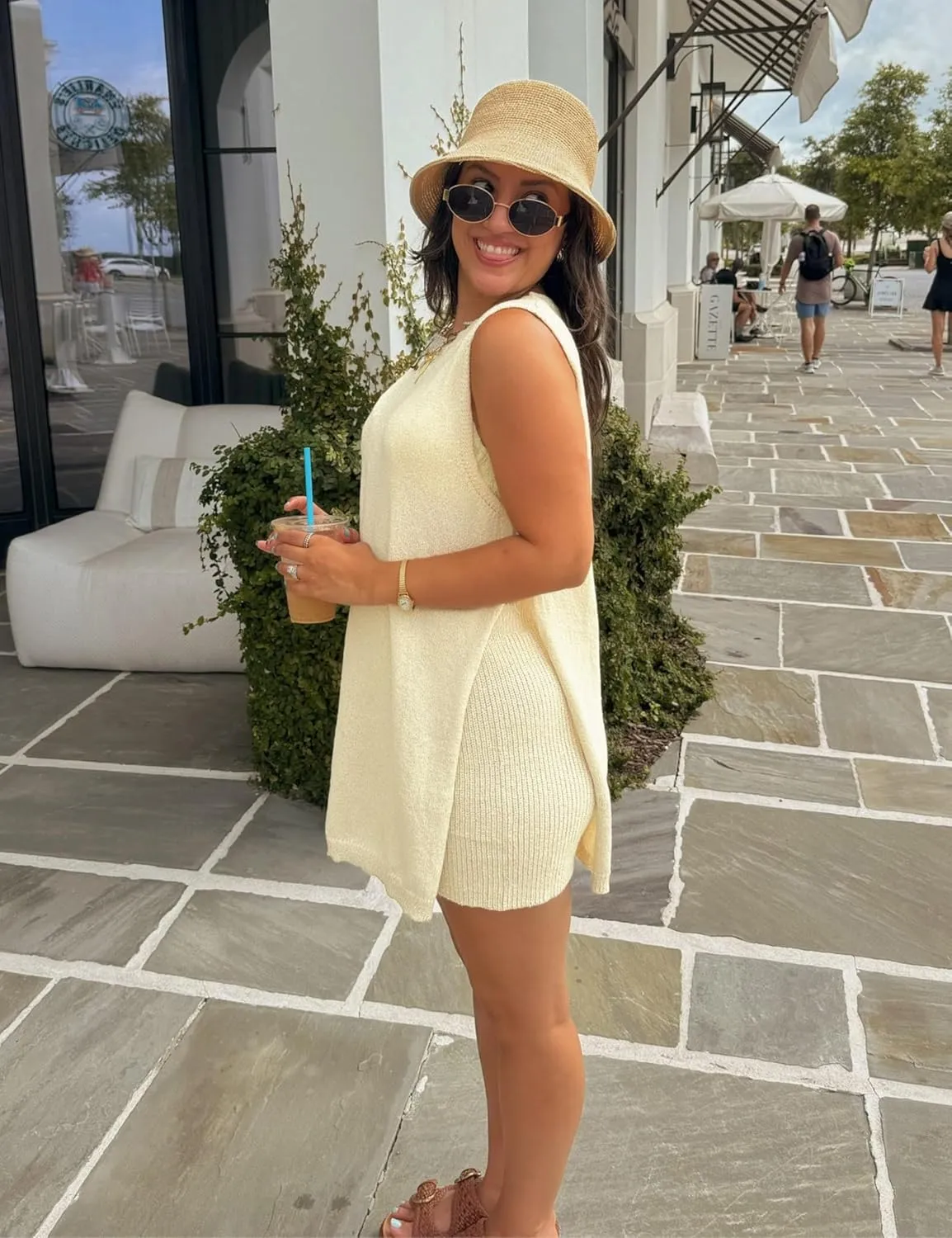 Women's Summer Sweater Sets Sleeveless Knit Tunic Top Matching Shorts Beach Vacation 2 Piece Outfits