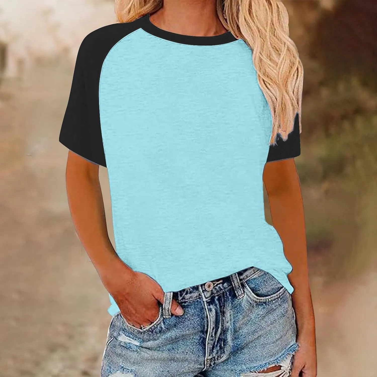 Women's Summer Tops Color Block Raglan Short Sleeve T Shirts Loose Fit Basic Crewneck Casual Stretchy Tees Blouse