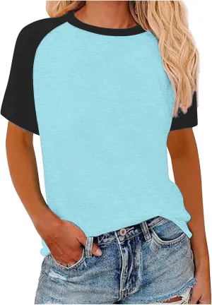 Women's Summer Tops Color Block Raglan Short Sleeve T Shirts Loose Fit Basic Crewneck Casual Stretchy Tees Blouse