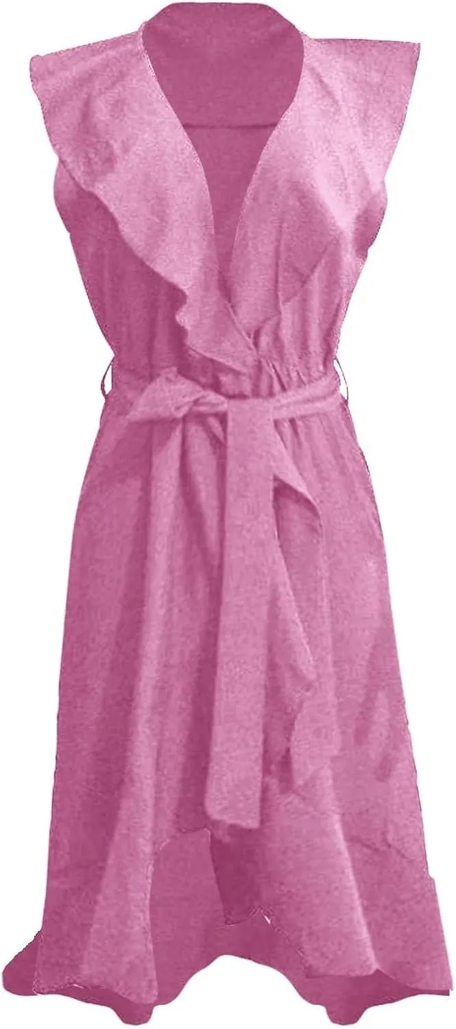 Womens Summer Wrap V Neck Split Party Dress Ruffle Short Sleeve Midi Dress with Belt