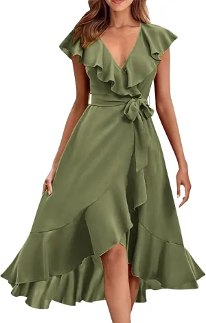 Womens Summer Wrap V Neck Split Party Dress Ruffle Short Sleeve Midi Dress with Belt