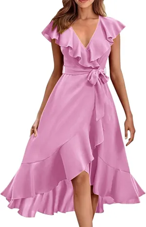 Womens Summer Wrap V Neck Split Party Dress Ruffle Short Sleeve Midi Dress with Belt