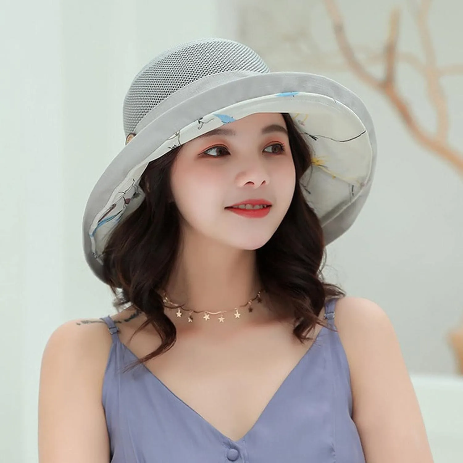 Womens Sun Hat Wide Brim Floppy Beach Visor Hats for Women Foldable Hat Double Layered Floral Fisherman Hat