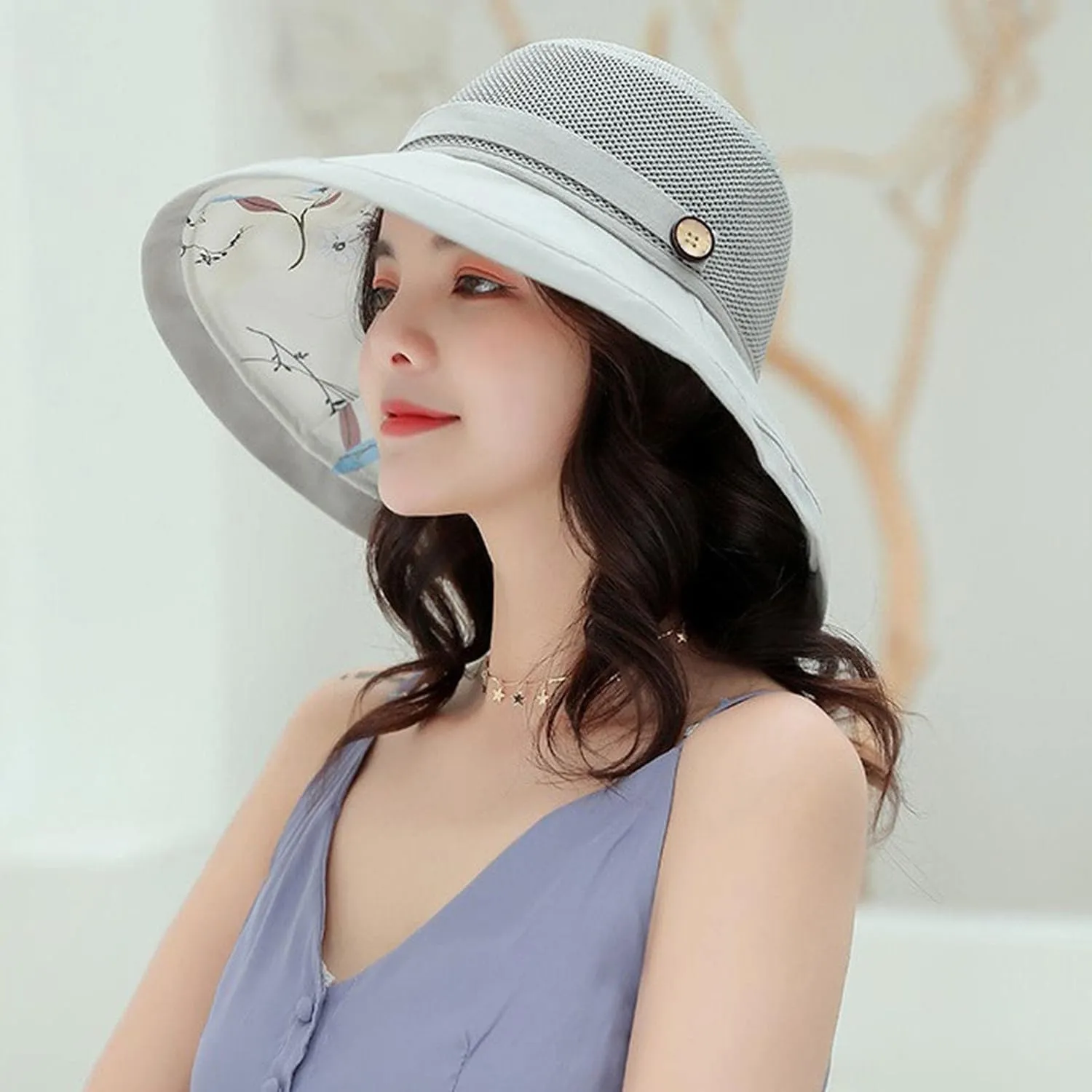 Womens Sun Hat Wide Brim Floppy Beach Visor Hats for Women Foldable Hat Double Layered Floral Fisherman Hat