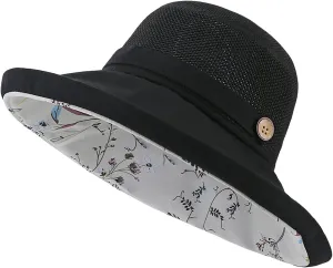 Womens Sun Hat Wide Brim Floppy Beach Visor Hats for Women Foldable Hat Double Layered Floral Fisherman Hat