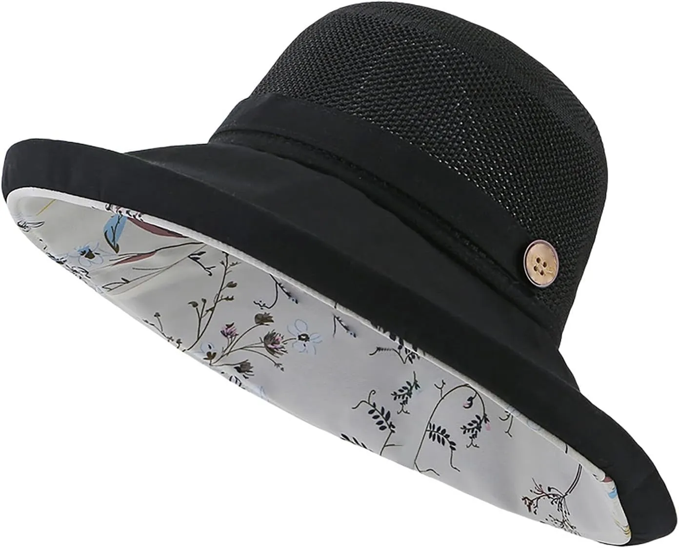 Womens Sun Hat Wide Brim Floppy Beach Visor Hats for Women Foldable Hat Double Layered Floral Fisherman Hat