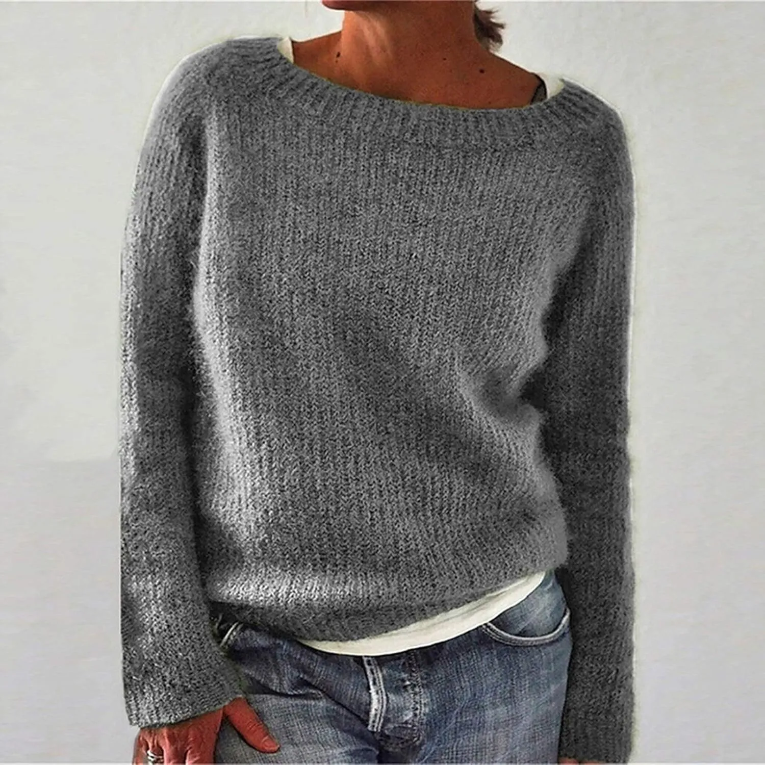 Womens Sweater Chunky Knit Solid Color Round Neck Long Sleeve Casual Soft Loose Fit Jumper Tops